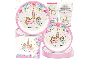 HZMJDHZM Décorations Anniversaires Licorne, 64 Pcs Vaisselle Licorne Decoration Sert 16 Invités, Vaisselle Licorne Assiettes Tasses Serviettes, Anniversaire Fête Articles Decoration Fille
