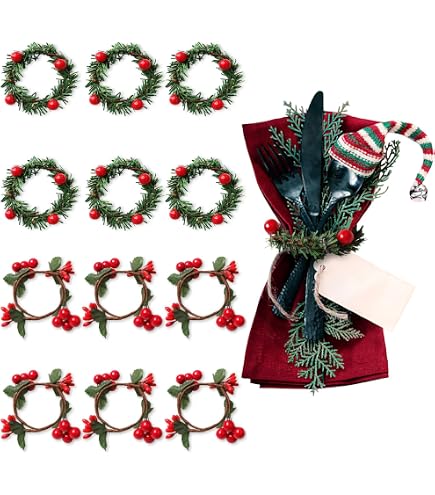 6 Anneaux De Serviette De Noël En Bois Et PE - Motif Pommes De Pin Et Baies Rouges - Décoration De Table Festive - 7