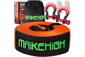 MAIKEHIGH Eslinga 15 Toneladas, 6M x 7.6cm Cuerda para Remolque con 2 Grilletes Reforzados 2 Guantes para Recuperación Vehículo Coche SUV