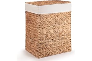 Woodluv Laundry Basket With Lid Large, Water Hyacinth Laundry Hamper, Wicker Bin Storage Organiser, Washing Basket for Dirty Clothes Bathroom, Natural, 44 x 34 x 56 (H) cm