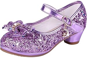 KUWIBY Girl Sandals Glitter Princess Shoes Sequin Party Shoes Bling Bowknot High Heels Wedding Birthday Dress Shoes Comfort Bright Diamond Cosplay Dance Shoes for Little Girls Pink Silver Blue Purple White