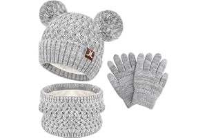 ZASFOU Bambini Cappello Invernale Sciarpa Guanti Touch Screen Set 2 3 4 5 6 7 Anni Berretto Cappelli in Maglia con Pompon Scaldacollo Guanto Regali per Ragazze Ragazzo