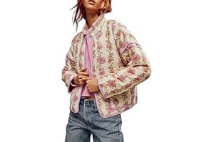 SANSIWU Women's Cropped Puffer Jacket Floral Print Padded Quilted Coat Long Sleeve Lightweight Vintage Padded Jacket Outerwear