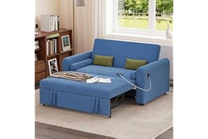 Jooli H 2 Seater Sofa Bed, 3-in-1 Convertible Fabric Pull Out Sleeper Sofa with 3-Position Adjustable Backrest, Side Pockets and USB for Living Room, Guest Room, Blue