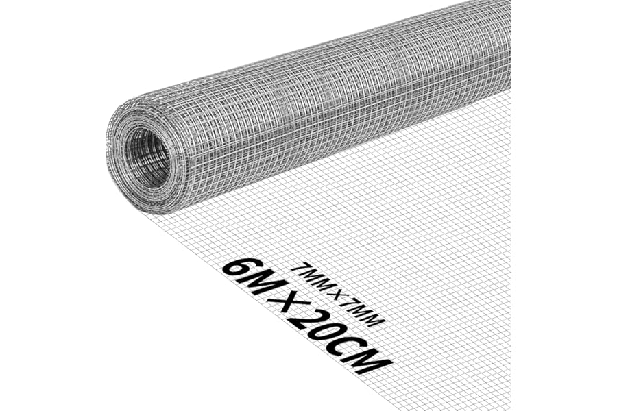 RITOLLO 6m x 200mm Rodent Mesh Wire Roll – Galvanized Welded Hardware Cloth, 7x7mm Wire Mesh for Rodent Protection & Chicken Coops, Easy to Cut Garden & Animal Enclosure Mesh