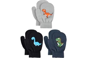 Geyoga 3 Paar Winter Kinder Strickhandschuhe Kleinkind Fäustlinge Dinosaurier Warme Gestrickte Fäustlinge