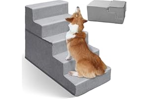 Masthome Dog Steps for Bed, Foldable 5-Step High-Density Foam Dog Ramp with Removable Cover, Soft & Non-Slip Pet Stairs for Small Older Injured Pets, 75x38cmx57, Grey