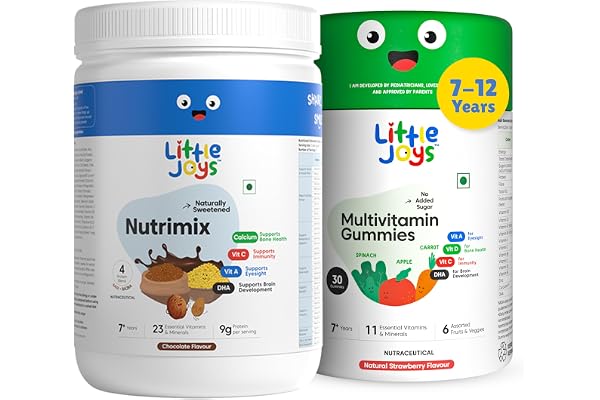 Little Joys Immunity Boosting Kit 7-12 years For Better Immunity & Growth With Ragi, Bajra, Vitamin A, C, D3, B12, Zinc & DHA With Nutrimix 350g & Multivitamin Gummies 30N