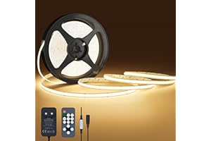 NELUX Ruban LED COB, Bande LED 10m Blanc Chaud, Bandeau LED Cuisine Decoration Chambre TV, Strip Light 24V, Lumiere Dimmable, Interieur, 480LED/m, 2700K. Comprend Télécommande et Alimentation