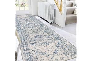 Famibay Bieżnik Do Przedpokoju, Antypoślizgowy, 80 x 300 cm, Chodnik W Stylu Vintage, Nadaje Się Do Prania, Niebieski Dywan Podłogowy