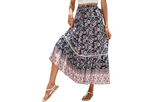 VIOYAVO Women Casual Boho Long Skirt Vintage Floral Print Bohemian Style Half Dress Elastic Waist Flowy Swing Midi Skirt Summer Spring