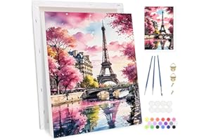 Bowetile Tour Eiffel Peinture par Numéros pour Adultes, Kit Paysage Peinture Numero Adulte Débutants Kit Toile avec Chevalet en Bois, DIY Peinture Acrylique pour Décoration 20x30cm