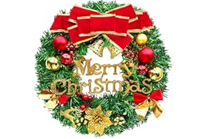 NINGESHOP 30 cm wieniec bożonarodzeniowy, Wesołych Świąt Bożego Narodzenia, wieniec adwentowy, drzwi z kulką, kokardka, wisząca dekoracja bożonarodzeniowa na imprezy bożonarodzeniowe