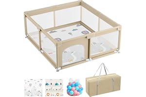 JUPPLIES Parque Infantil Bebe 120x120cm + Alfombra Bebe + 50 Bolas + Bolsas de Transporte – Corralito Bebe con Malla Transpirable – Parque de Juegos Bebe – Playpen Bebe - (Beige)