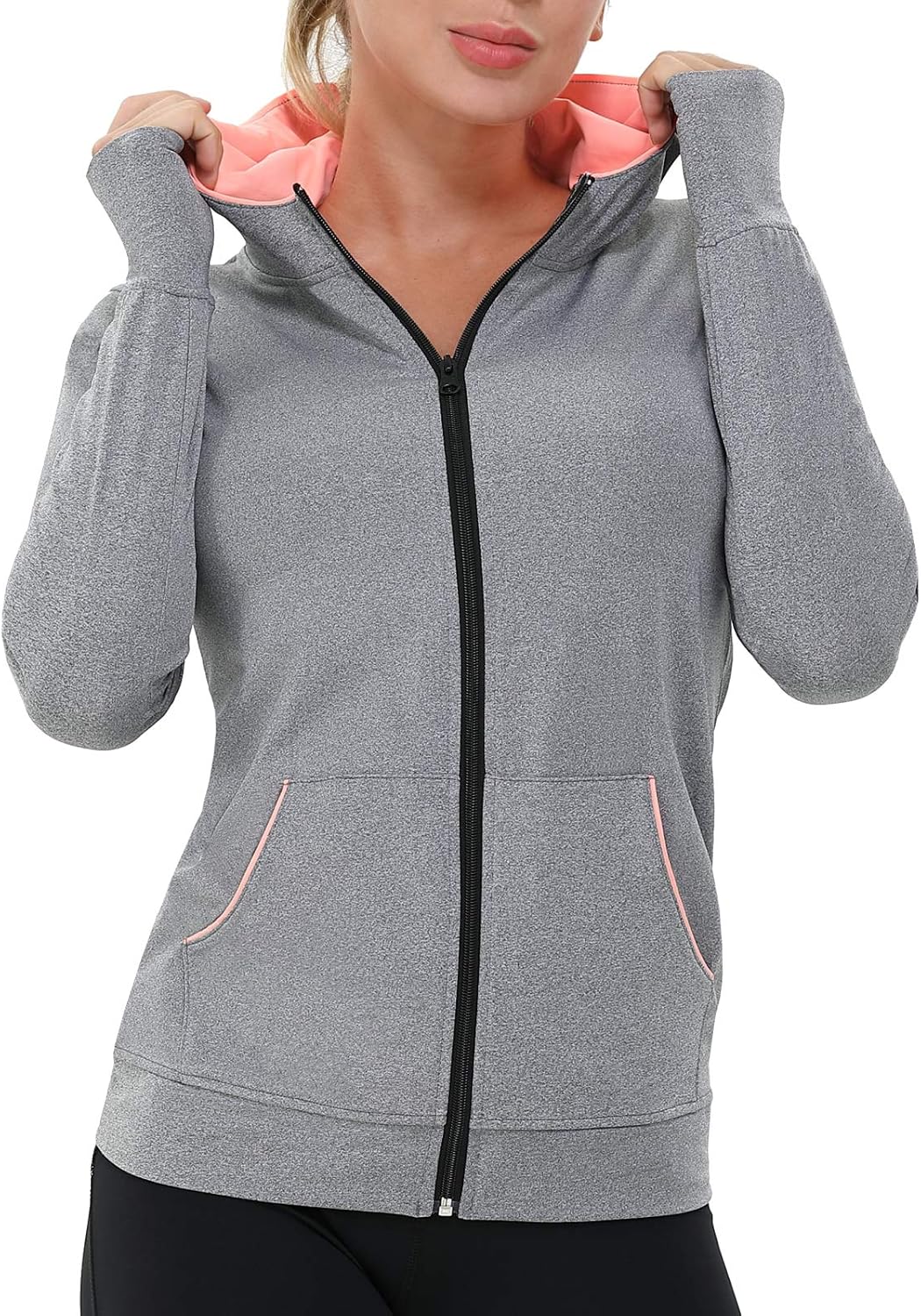 AMZSPORT Chaqueta Deportiva Mujer, Sudadera Capucha Running Cremallera con Bolsillos