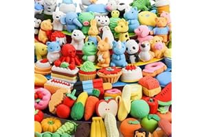 WUWEOT 125 Pack Animal Erasers, Desk Pets Pencil Eraser, 3D Puzzle Food Fruit Pencil Erasers Bulk, Take Apart Eraser Party Favors Classroom School Rewards Prizes