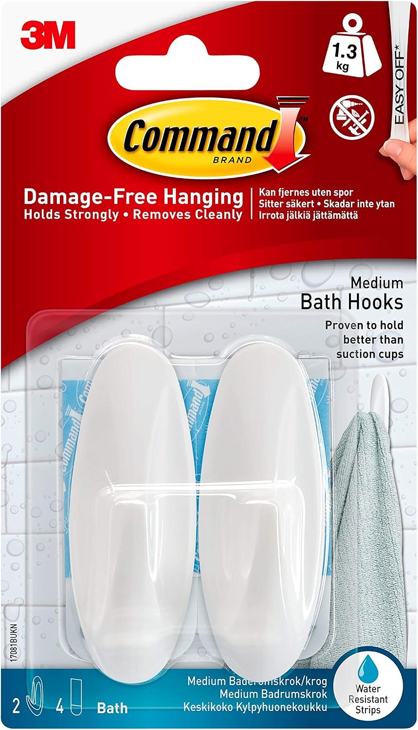 Command Bath Designer Hooks, White, Water Resistant - 2 Medium Hooks and 4 Adhesive Strips - Hang Towels, Robes and Other Bathroom Accessories - Ideal to Avoid Drilling Through Tiles