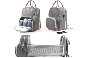 Ferghana Sac à Dos à Langer Grand,Sac a Langer Bebe avec Matelas à Langer et Sac Isolant, Lit Pliable,Moustiquaire et Port de Chargement USB,Imperméable &Multifonction,Sac à Langer de Voyage Portable