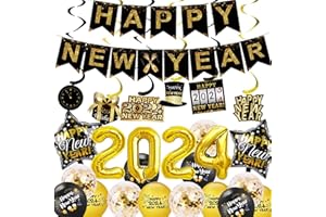 OBOVO New Years Eve Decorations 2024, 28 Pcs Black and Gold Party Decorations, Happy New Year Balloons Set with 2024 Foil Balloons Happy New Year Banner Hanging Swirls for New year Photography Backdrop