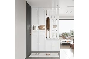 Merax Flurgarderobe Garderobenschrank Flur, Garderobenset mit Sitzbank, Schuhschrank, 2 Schublade, 4 Haken und 6 Türen, Garderobenständer für Eingangsbereich, 110 x 37 x 180 cm, Weiß