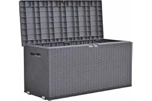 Dynamic24 Auflagenbox mit Tragegriff und Rollen in Rattan Optik Gartenbox Gartentruhe Auflagen Kissen Garten Box Truhe Terrasse Balkon Aufbewahrung rollbar (349 L)