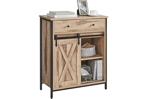 VASAGLE Sideboard, Storage Cabinet, Freestanding Kitchen Cupboard with Sliding Barn Door, 30 x 70 x 80 cm, Adjustable Shelf, Farmhouse Style, for Living Room, Toasted Oak Colour and Black LSC100B50