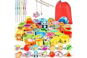 Jojoin 46 PCS Wooden Fishing Game Toy - Magnetic Fishing Game For Toddlers - Montessori Toys for 2 3 Year Old Boys Girls - Wooden Threading Toy - Preschool Educational Gifts for 3 4 Year Olds