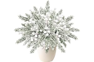 Yueshop 30PCS Christmas Artificial Snowy Cypress Pine Branches with White Frosted Berry Stems, Fake Pine Picks White Holly Berry Cypress Leaves Stems for DIY Xmas Garland Wreath Home Decor