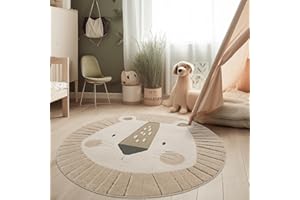Paco Home Kids Room Rug 3D Effect Durable Play Mat Natural Tones Lion Design Easy Care Cream, Size:Ø 120 cm round