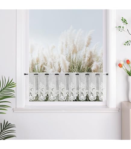 Sehlbach Bistrogardine Voile Mit Mohnblumen-Stickerei - Weiße, Lichtdurchlässige Gardine 155x45 Cm