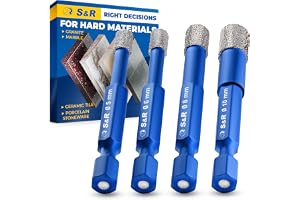 S&R Diamantborr, kakelborr, glasborr set med 4 delar, 5, 6, 8, 10 mm, sexkantsfäste, för keramik, granit, glas, porslin, kakel, glaserat kakel, murverk, marmor, i stabil förvaring.