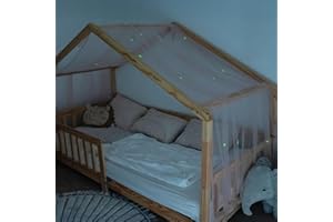 lilimaus Hausbett Himmel mit leuchtenden Sternen - Betthimmel Hausbett Deko - Geschenk Mädchen & Jungen - Himmelbett Vorhänge für 90x200 & 120x200 Kinderbetten - Leuchtsterne Kinderzimmer Deko