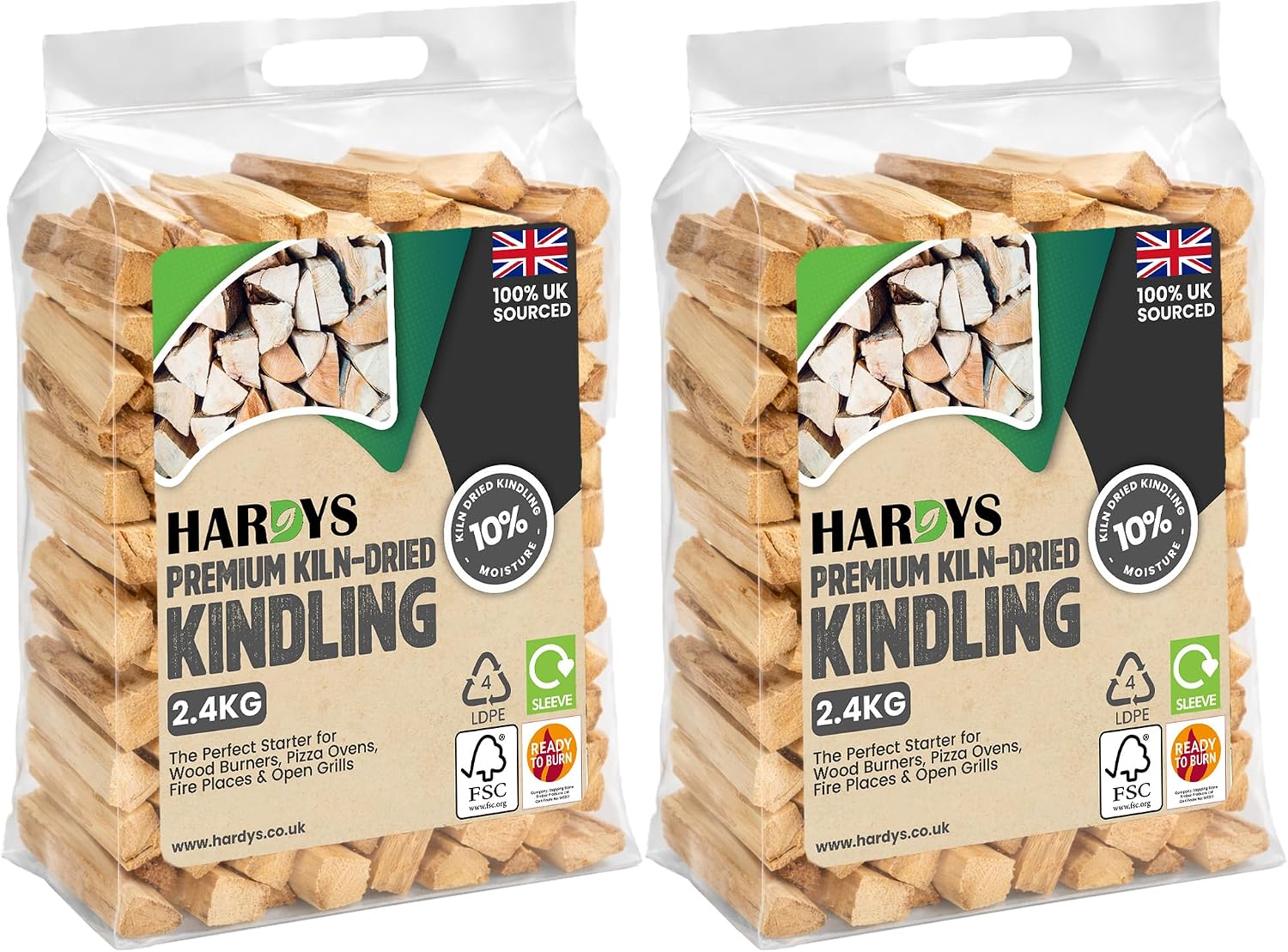 Hardys Kindling Wood, 2 Pack - 4.8 Kg (2 x 2.4kg) Approx. | Natural Instant Light Firewood Logs, Smokeless - Kiln Dried - BBQ, Fire Heat Logs for Burner, Pizza Oven, Open Fire Pit