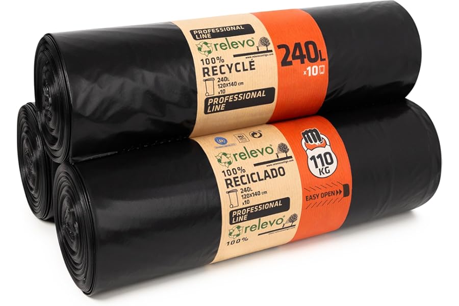 Relevo 240L Wheelie Bin Liners – 55 µm (Micron) Thick, Reusable and Extra Strong Wheelie Bin Bags, 120 cm x 140 cm Extra Large Bin Bags