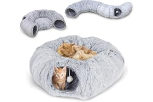 CALIYO Katzentunnel, Katzentunnel große Katzen mit Schlafplatz, Donut Katzenbett aus Plüsch, Katzen Tunnel mit Fellknäuel, Interaktives Katzenspielzeug für Indoor, Grau (85×26CM)
