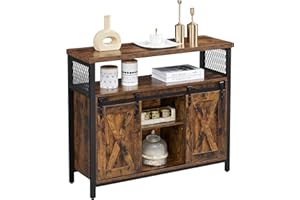 VASAGLE Aparador, Armario de Cocina, Armario de Almacenamiento, con 2 Puertas Correderas, 33 x 100 x 80 cm, Estantes Ajustables, para Salón, Marrón Rústico y Negro Tinta LSC092B01