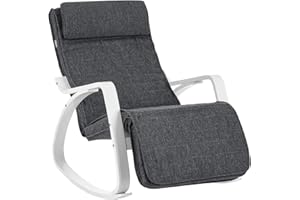 SONGMICS Sedia a Dondolo, Poltrona a Dondolo con Braccioli in Betulla, Poggiapiedi Regolabile a 5 Altezze, Portata 150 kg, per Soggiorno Camera da Letto, Grigio Scuro e Bianco LYY011G01