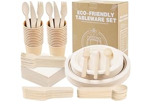 Anstore 200 Platos de Papel Ecológicos para Cumpleaños, Platos de Cartón Marrón, 25 Invitados Vajilla Reutilizable para Fiesta, Boda y Picnic, Plato, Cuchara, Tenedor, Cuchillo, Vasos, Servilletas