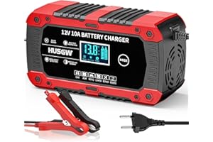 HUSGW 12V10A Cargador de Bateria de Coche，Mantenedor Bateria Moto Inteligente y Funciones Portátiles de Reparación Automática, Cargador Baterias Coche (10A)