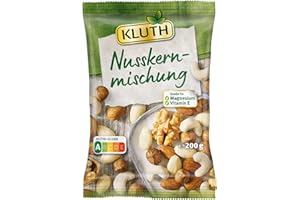 Kluth Nusskernmischung 200g – Snack Becher Mischung mit Cashew-, Mandel-, Römerhaselnuss- und Walnusskernen – Naturbelassen vegan ohne Salz ungeröstet – Nutri-Score A (1 x 200g)