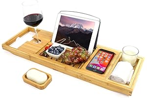 PURENJOY Bandeja de Bambú para Bañera Caddy con Vino, Libro y Jabón, Idea Baño Ducha Organizador Regalo para los Seres Queridos (Original, 27.5-41 x 8.4 x 2.4 in)