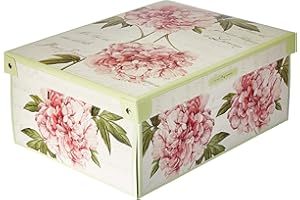LAVATELLI Kanguru 661 PE Boîte de Rangement en Carton recyclable Peonia/Pivoines, pour Ranger vêtements, armoire, joutes, Vert/Rose MEDIUM dimension 42 x 32 x 17,5 cm