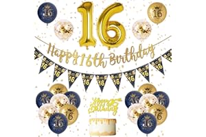 VICTERR 16th Birthday Decorations Boys Blue Gold Happy 16th Birthday Banner, 16th Birthday Balloons, Navy Blue Gold Latex Balloons Party Decorations Confetti Balloons for Boys 16 Birthday Party Supplies