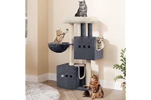 Hzuaneri 98cm drapak, mały wielopoziomowy drapak z żerdzią, meble do domu dla kota z 2 jaskiniami, sizalowy, hamak, jaskinia Ciemnoszary MS10018SG