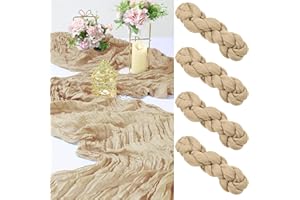 Cinnani 4 Piezas Camino de Mesa Beige 90 x 300cm Vintage Largo Camino de Mesa, Banda de Mesa Bohemio con Textura Arrugada, Mantel Rústico de Gasa para Boda Cumpleaños Decoracion de Mesa