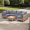 Rattan park Lawrence Range Rattan Garden Furniture U-Shape Corner Sofa Set in Round Brown Rattan with Cushions and Teak Wood Table Top