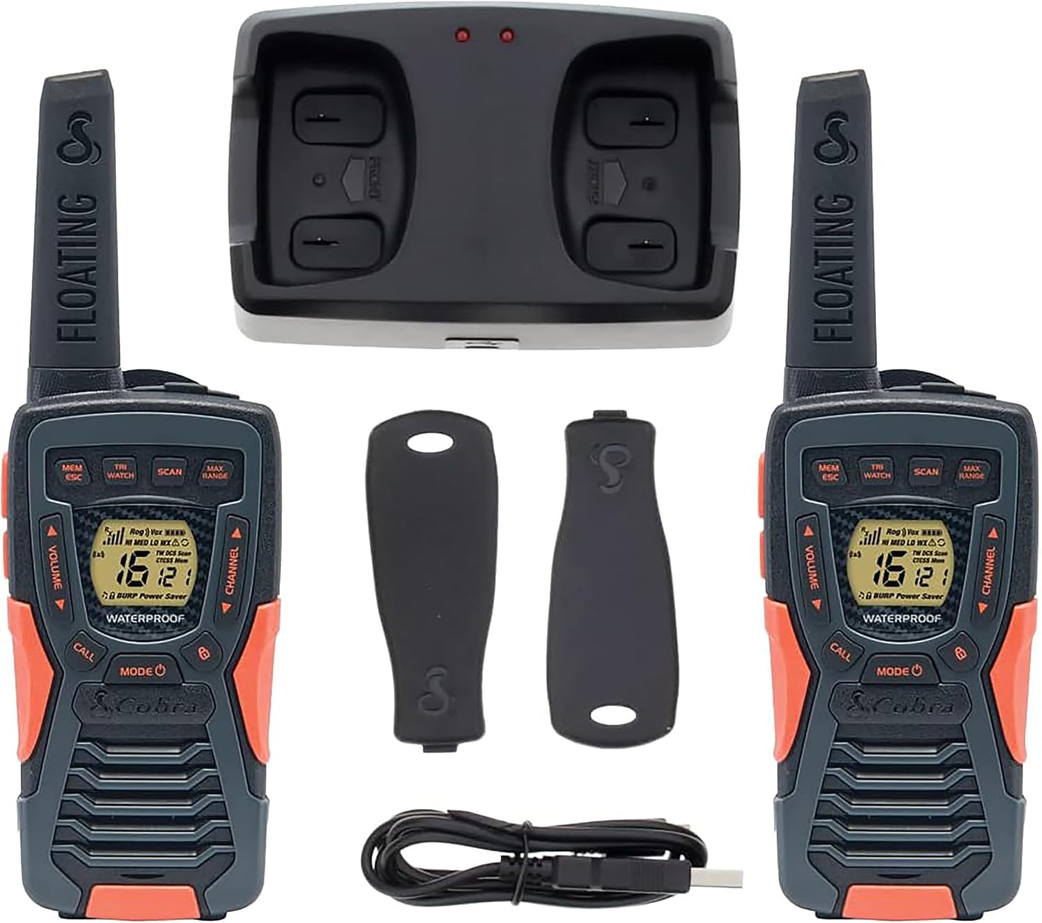 Cobra AM1055 - Paquete de 2 walkie talkies flotantes Impermeables con Linterna LED integrada, VOX, VibrAlert, Alcance de hasta 12 km, más de 968 Canales, función de Ahorro de energía y baterías