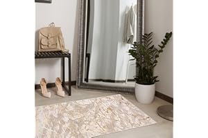 Mazovia Alfombra de Pasillo Abstracto - Pelo Corto Suave - para Entrada, Dormitorio, Cocina, Pasillo - Diseño Abstracto - 70cm Ancho - Motivo Moderne - Beige Crema con Oro 70x600 cm