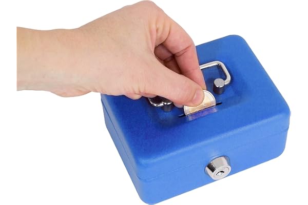 ARREGUI Elegant C9005 Caisse à monnaie et billets à clé pour ranger et transporter l'argent | Caisse en acier Tirelire avec fente pour pieces | Coffre fort portatif 12,5 cm de longueur | Couleur Bleu