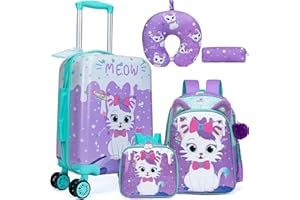 HTgroce 5-częściowy zestaw walizek dziecięcych, walizka podróżna z plecakiem, poduszką na kark, torbą na lunch, piórnikiem i zawieszką do walizki, walizka podróżna z kółkami, walizka z twardą obudową